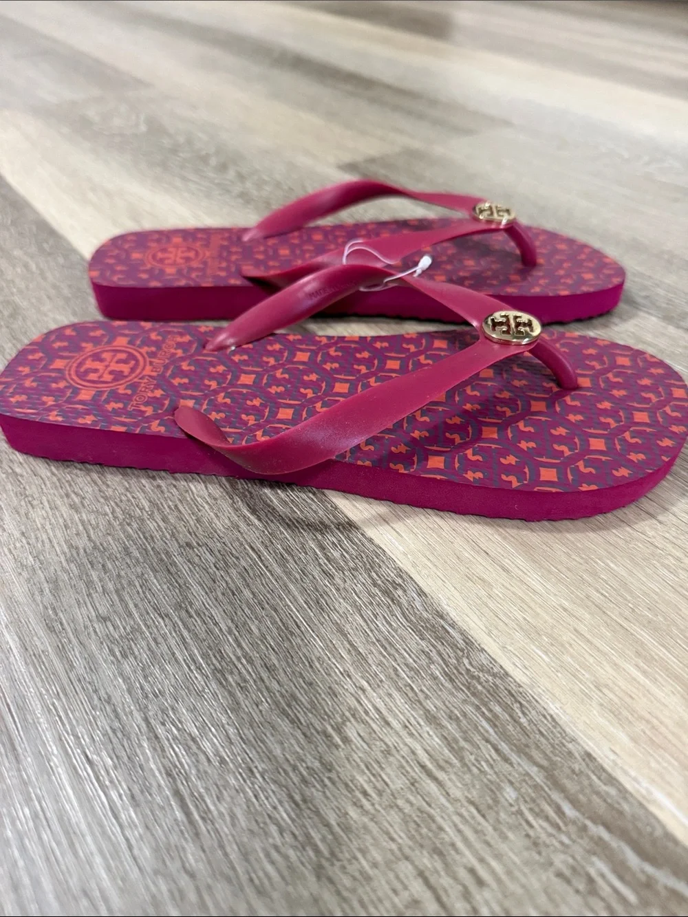 🆕 Tory Burch Red/Pink Logo Slice Pattern Flip Flop Sandals